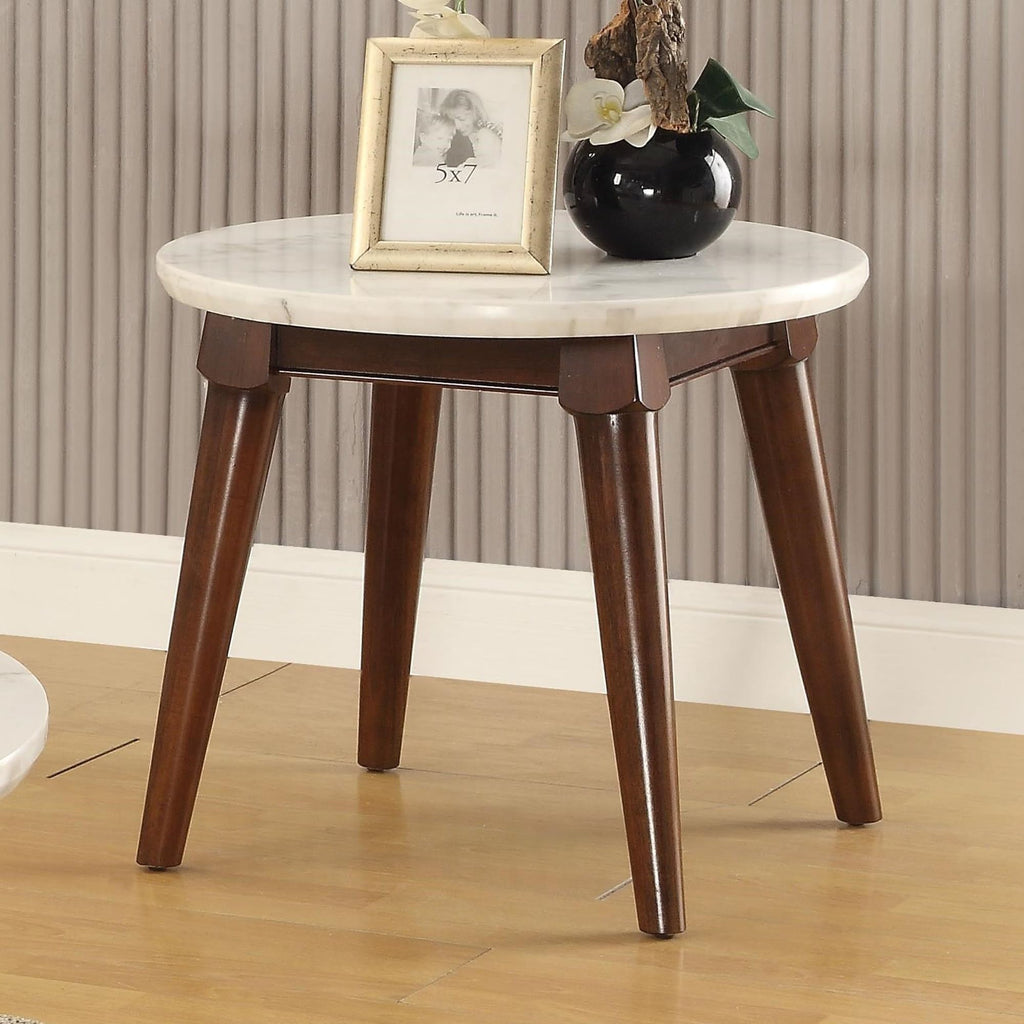 acme AC-82892 End Table, 24" Dia x 22" H, White Marble & Walnut