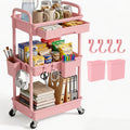 LLMRR 3 Tier Rolling Utility Cart with Drawer, Plastic Storage Organizer Rolling Carts with Wheels Handles Hanging Cups Hooks fo