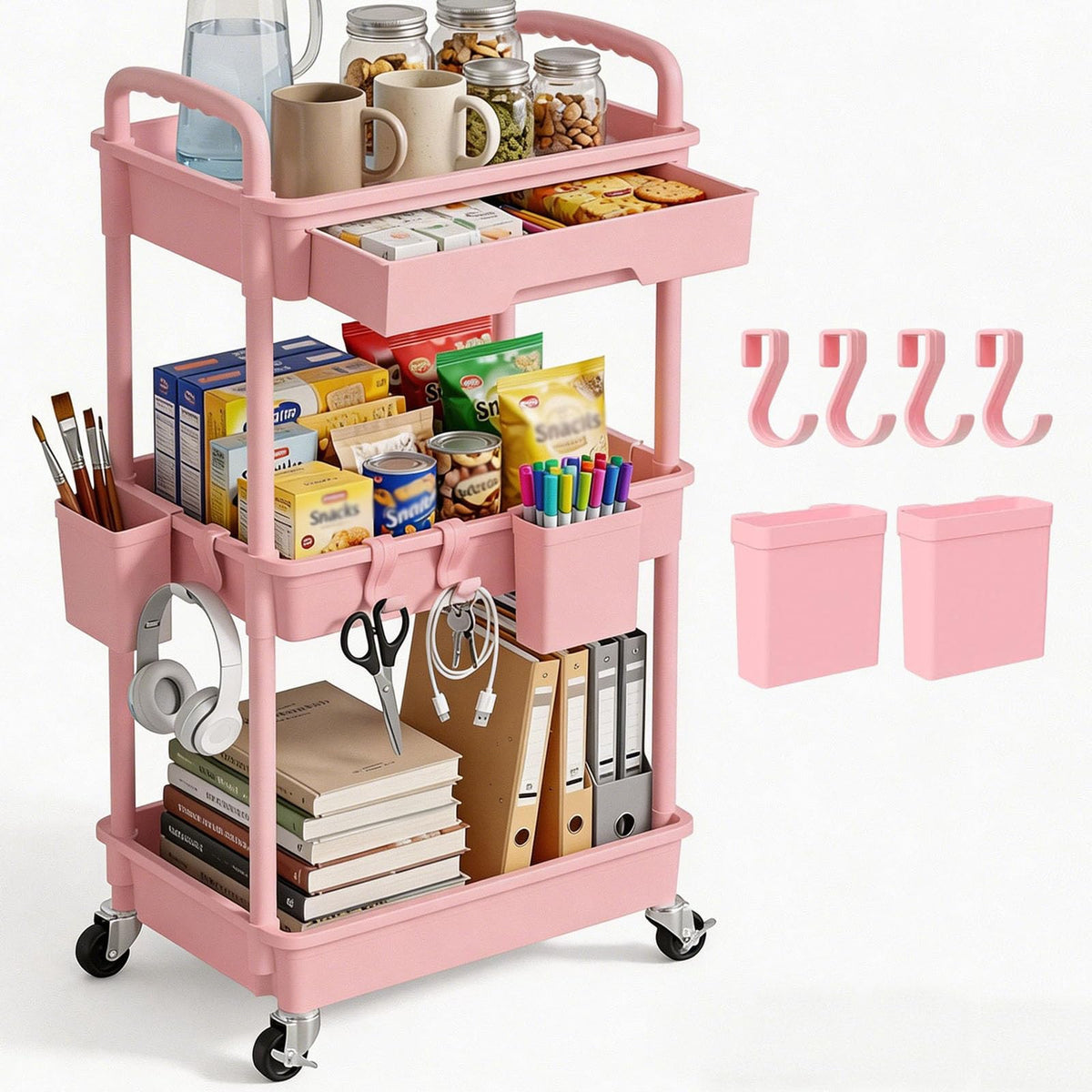 LLMRR 3 Tier Rolling Utility Cart with Drawer, Plastic Storage Organizer Rolling Carts with Wheels Handles Hanging Cups Hooks fo