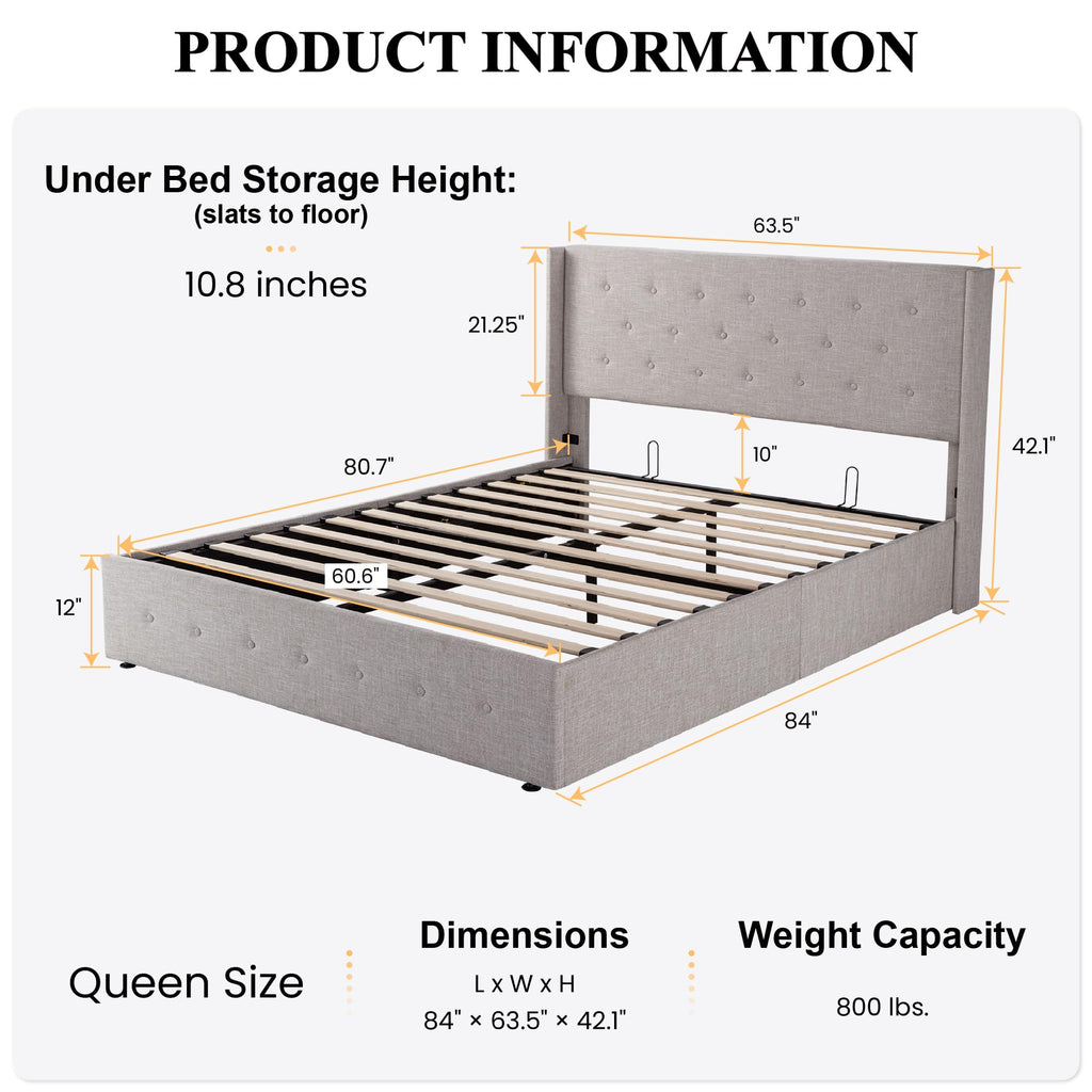 Sha Cerlin Queen Size Lift Up Storage Bed/Button Tufted Wingback Headboard/Hydraulic Storage/Upholstered Platform Bed Frame/No Box Spring Needed/Wood Slats Support/Light Beige