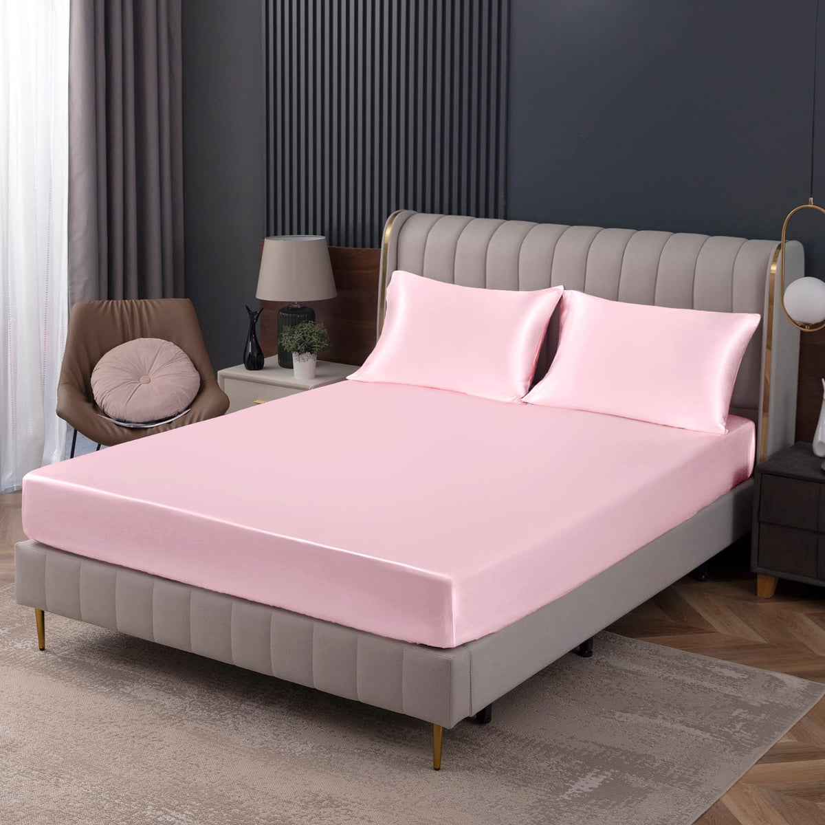Homiest Blush Pink Satin Fitted Sheet King Size Fitted Bed Sheet, Deep Pocket Fitted Sheet Only, Luxury & Ultra Soft Bedding Fitted Sheet Single Bottom Bed Sheets Sold Separately