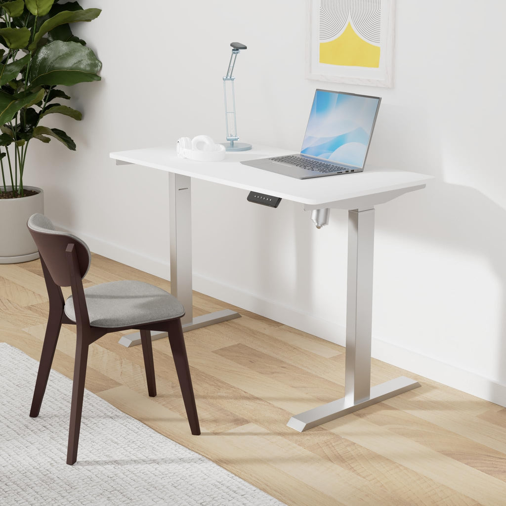 Techorbits Electric Standing Desk Frame With 47 X 24 Tabletop - Motorized Workstation Two Leg Stand Up Desk With Memory Settings And Telescopic Sit Stand Height Adjustment (Grey Frame/White Top)