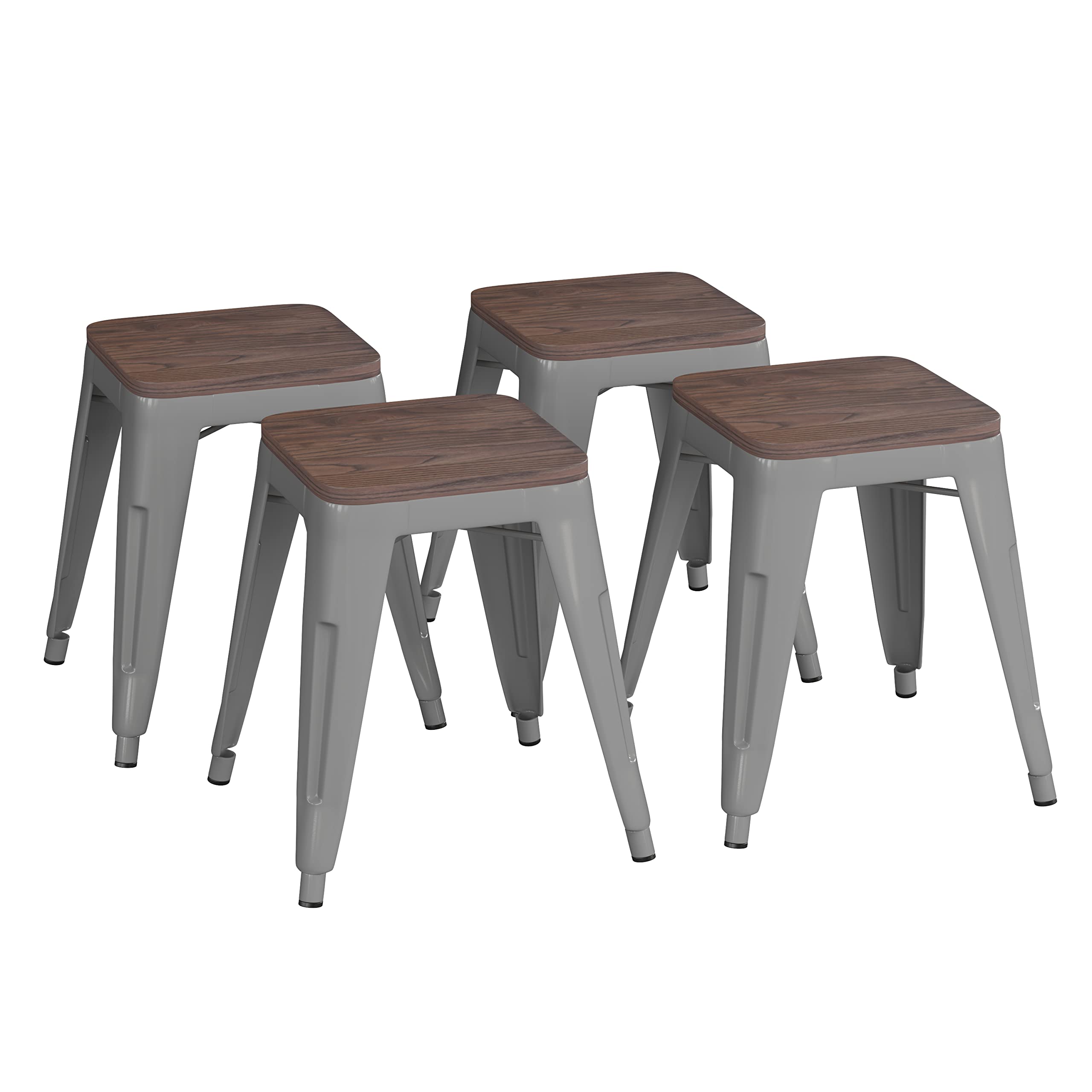 Flash Furniture Metal Dining Table Height Stool with Wooden Seat Set of 4 - Backless Silver Kai Commercial Grade Stool - Kai 18 