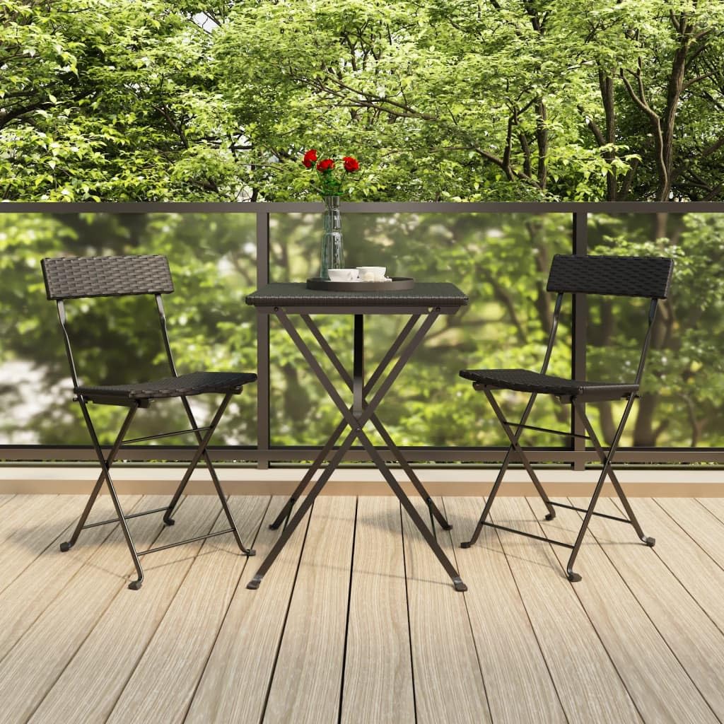 vidaXL 3 Piece Folding Bistro Set - Weather-Resistant Black Poly Rattan, Powder-Coated Steel Frame, Compact and Portable Outdoor Dining Furniture
