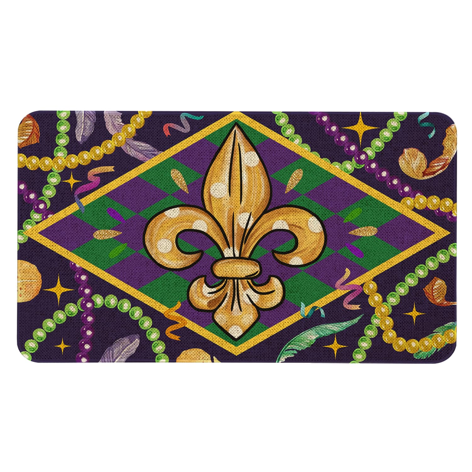Kuyuayee Mardi Gras Welcome Door Mat 30X17 Inch Carnival Fleur De Lis Doormat Indoor Outdoor Entrance Floor Mats Non-Slip Washab