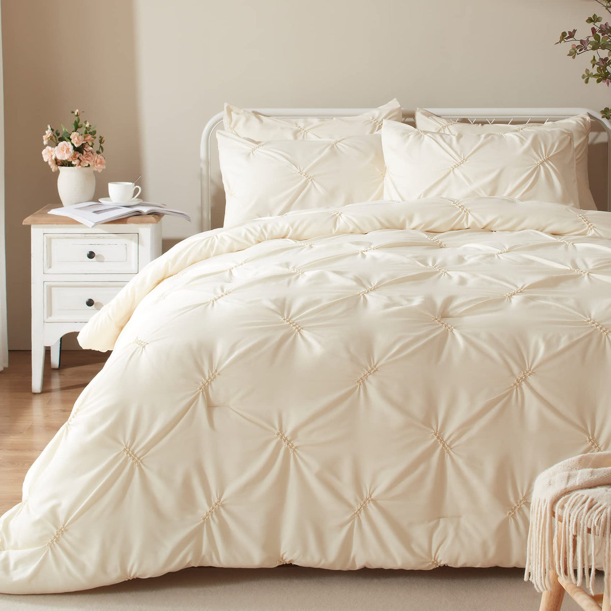 Anluoer Queen Comforter Set Pintuck Down Alternative Comforters With 2 Pillow Shams, Soft Queen Size Bedding Comforter Sets Lig