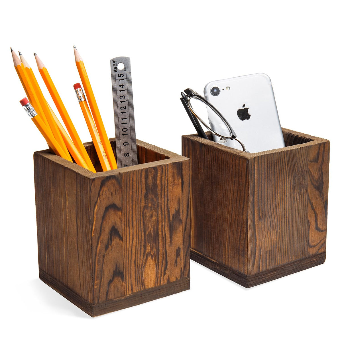 Mygift Set Of 2 Natural Grain Wood Desktop Pen Holder Pencil Holder Cup, Office Dorm Home Desk Supplies Organizer