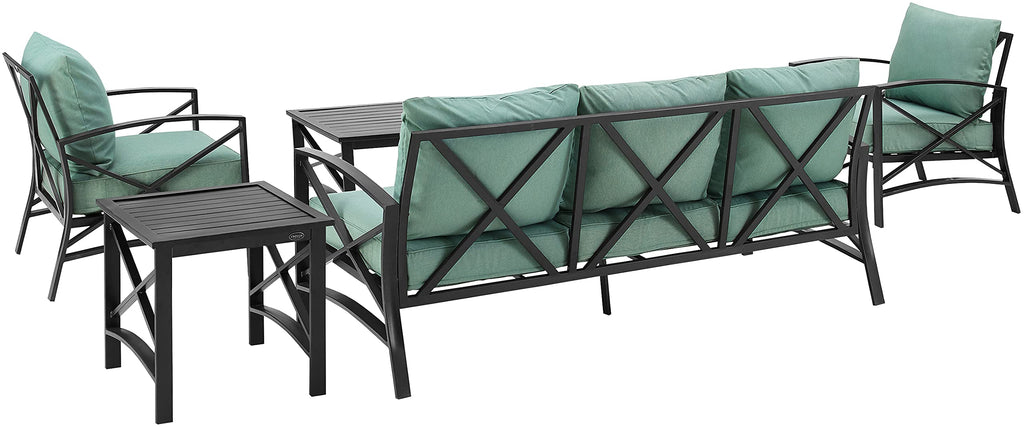 Crosley Furniture Kaplan 5-Piece Outdoor Sofa Patio Furniture Set, Conversation Sets For Porch, Deck, Oiled Bronze With Mist Cushions
