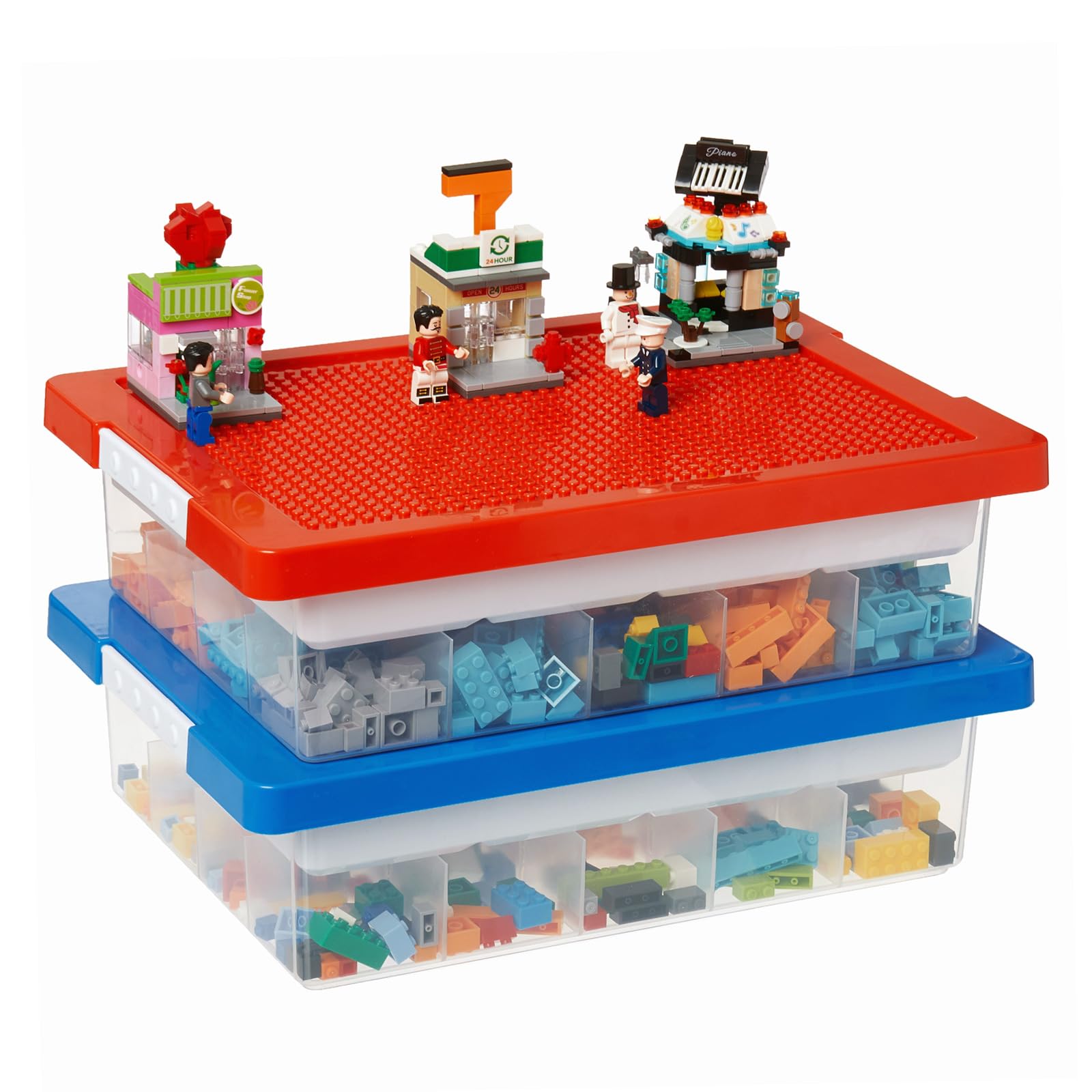 MACOPRO Toys Storage Organizer Box for Lego, Toy Box with Building Plate Lid and Removable Tray, Building Block Storage, Stackab