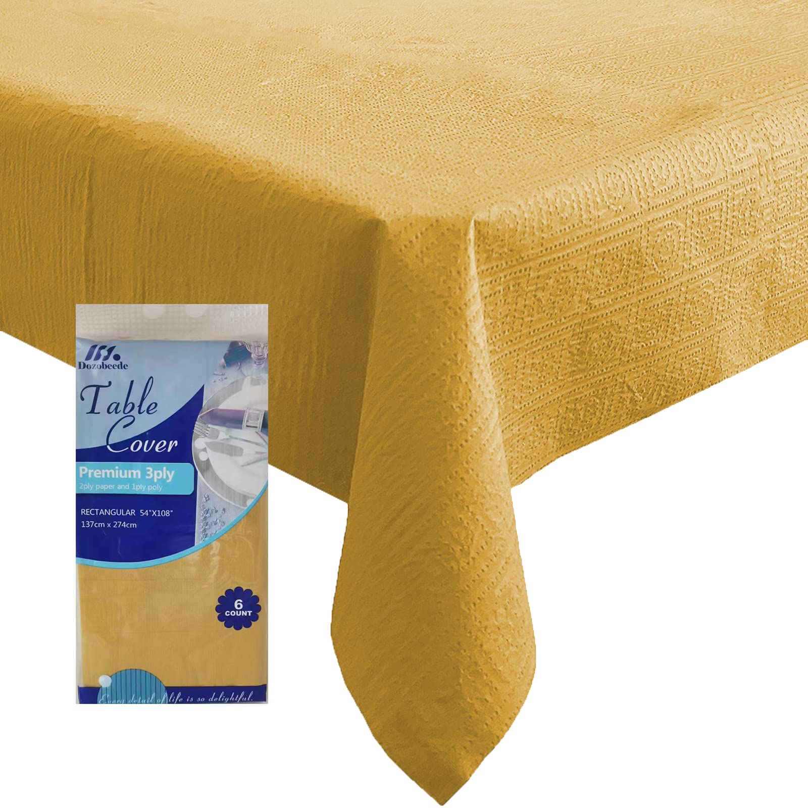 [6 Pack] Gold Paper Tablecloth Disposable For Rectangle Tables, 54 X 108 Inch Party Table Cover With Plastic Backing, Waterproof
