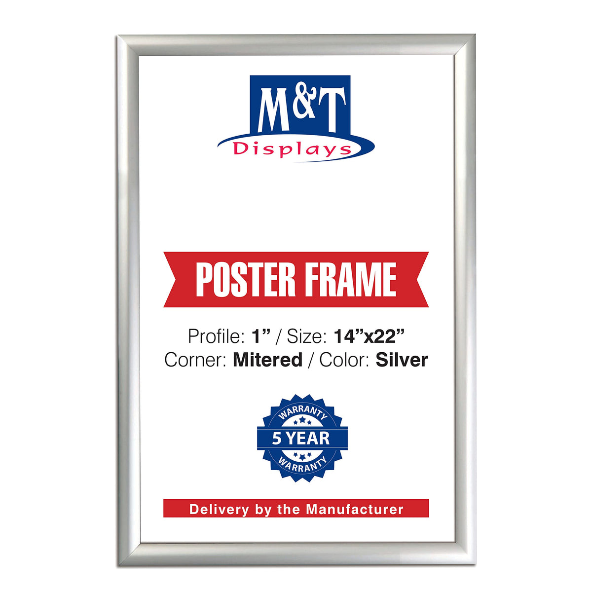 M&T Displays Snap Poster Frame 14x22 Inch Silver 1 Aluminum Profile Front Loading Wall Mounting Photo Picture Document Certifica