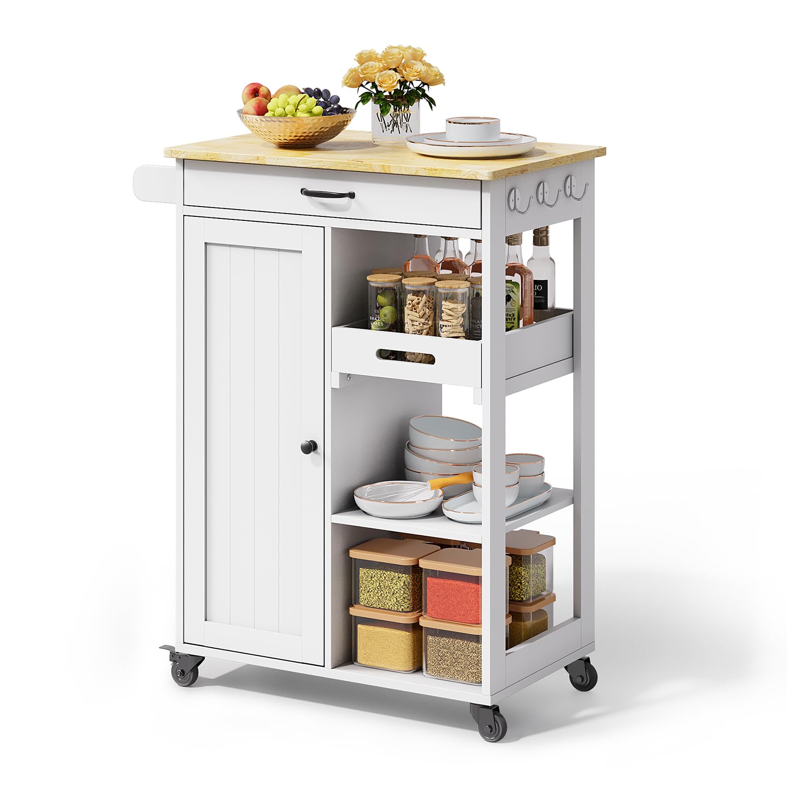 Gizoon Kitchen Island Cart with Removable Tray, 27.6W Rolling Utility Trolley Cart with Drawer, Cabinet, Towel Rack, Hooks and