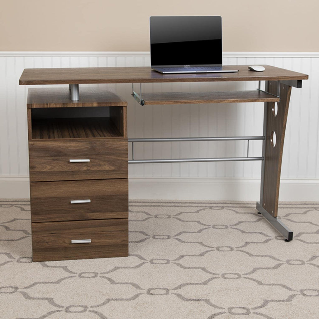 Flash Furniture Joshua Rustic Walnut Desk With Three Drawer Pedestal And Pull-Out Keyboard Tray