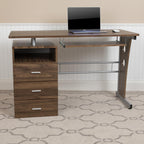 Flash Furniture Joshua Rustic Walnut Desk With Three Drawer Pedestal And Pull-Out Keyboard Tray