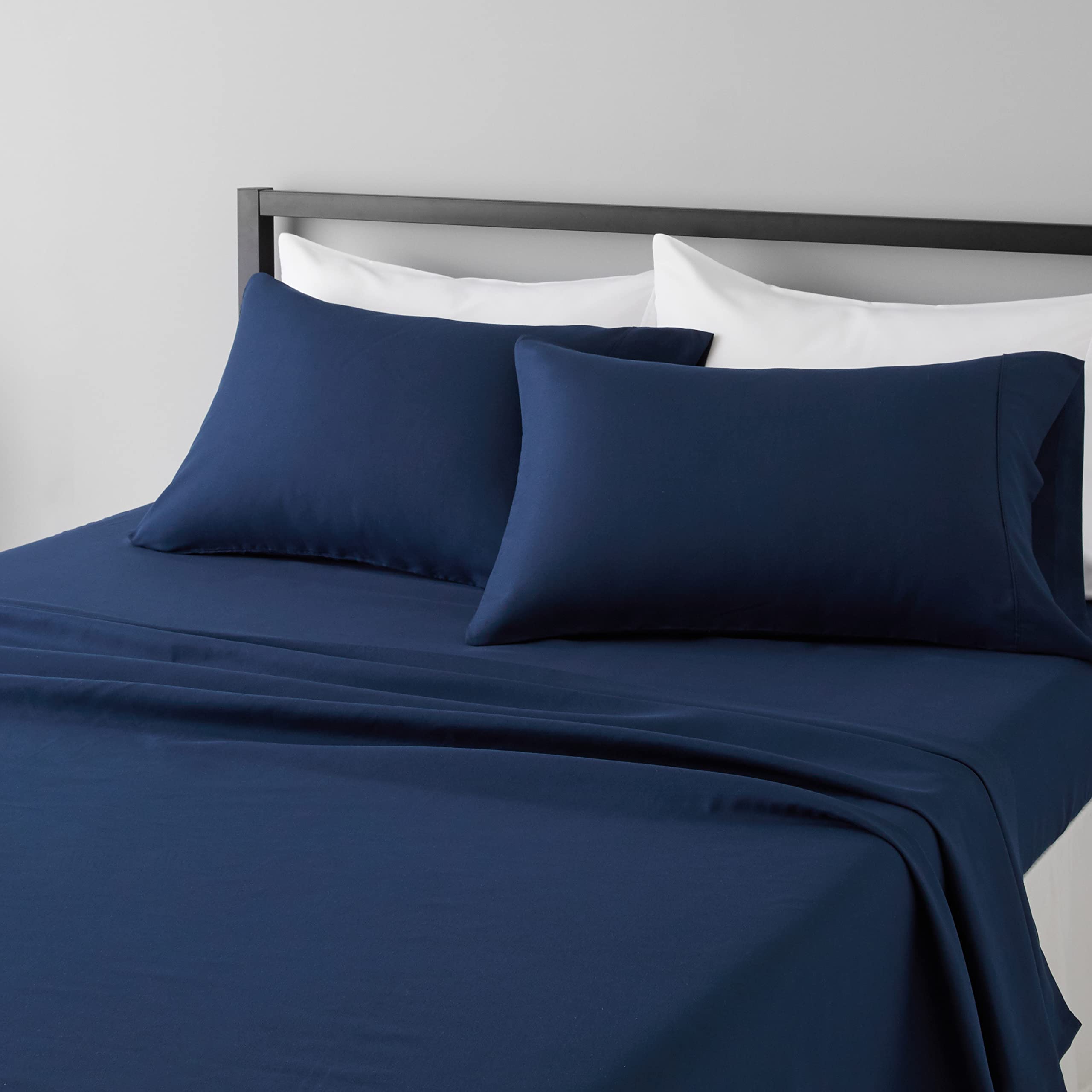 Amazon Basics Lightweight Super Soft Easy Care Microfiber 4-Piece Bed Sheet Set with 14-inch Deep Pockets, Queen, Navy Blue, Sol