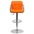 2 Pk. Orange Quilted Vinyl Adjustable Height Barstool with Arms and Chrome Base