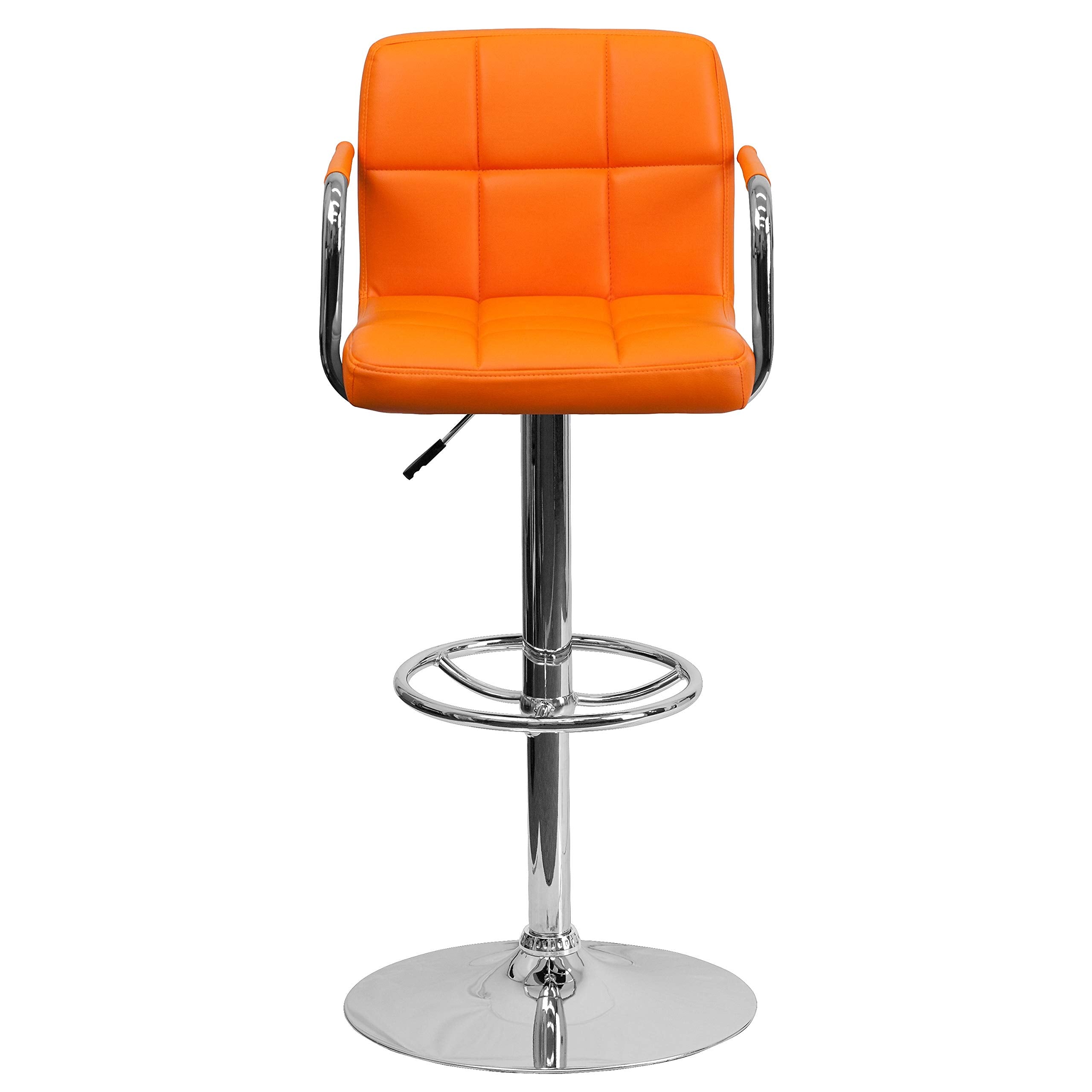 2 Pk. Orange Quilted Vinyl Adjustable Height Barstool with Arms and Chrome Base