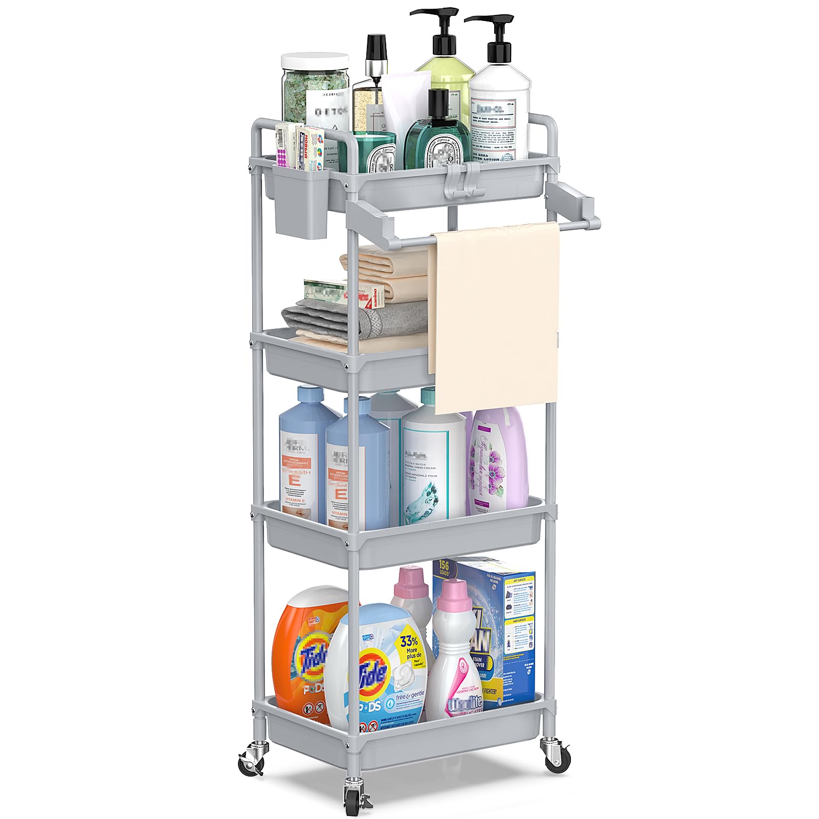 SPACEKEEPER Rolling Storage Cart, 4-Tier Bathroom Organizer Utility Cart Laundry Room Organization Mobile Shelving Unit with Tow