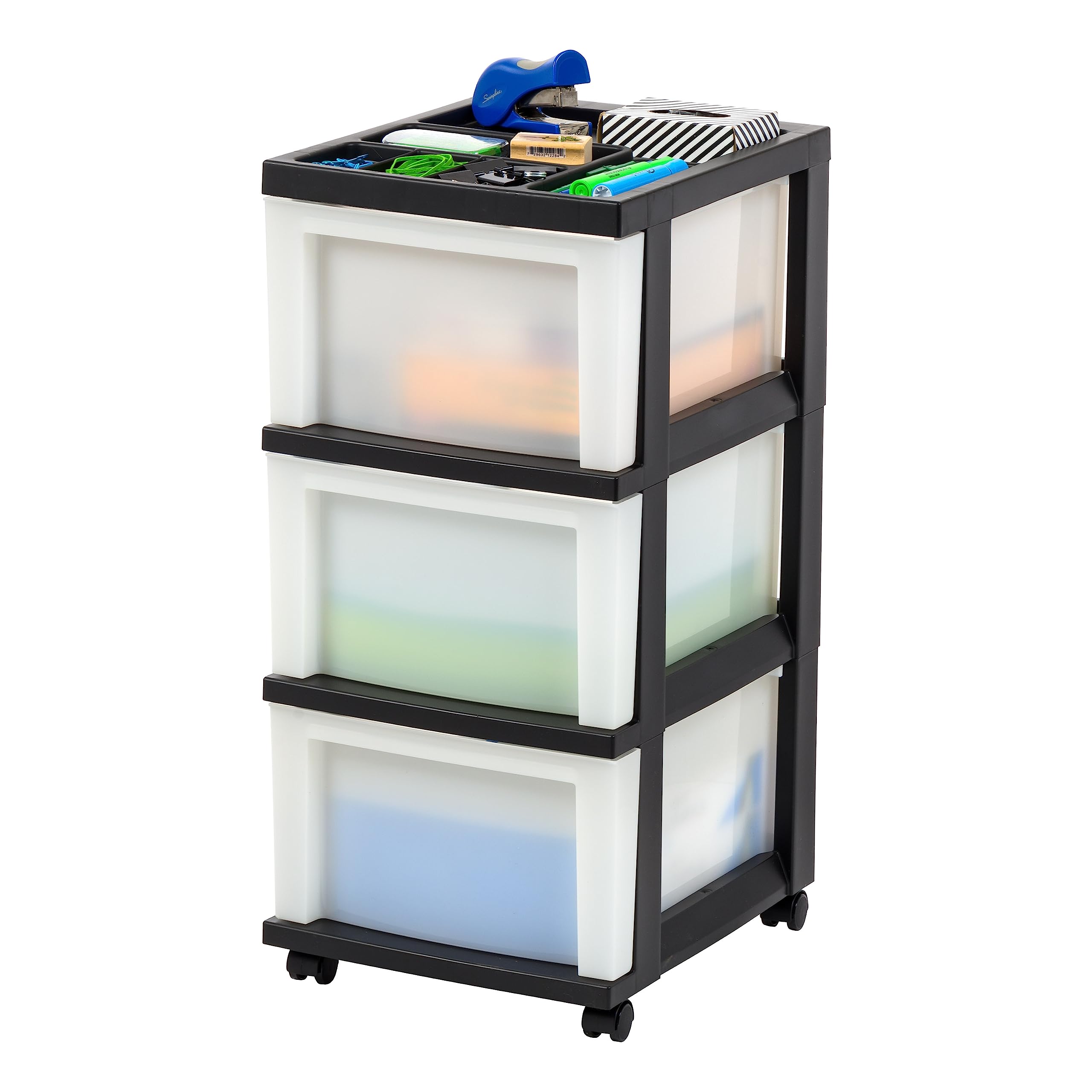 IRIS USA Plastic Drawer Storage Organizer Rolling Cart, with Wheels Casters, 3-Drawers, for Classroom Art Craft Supplies Dresser