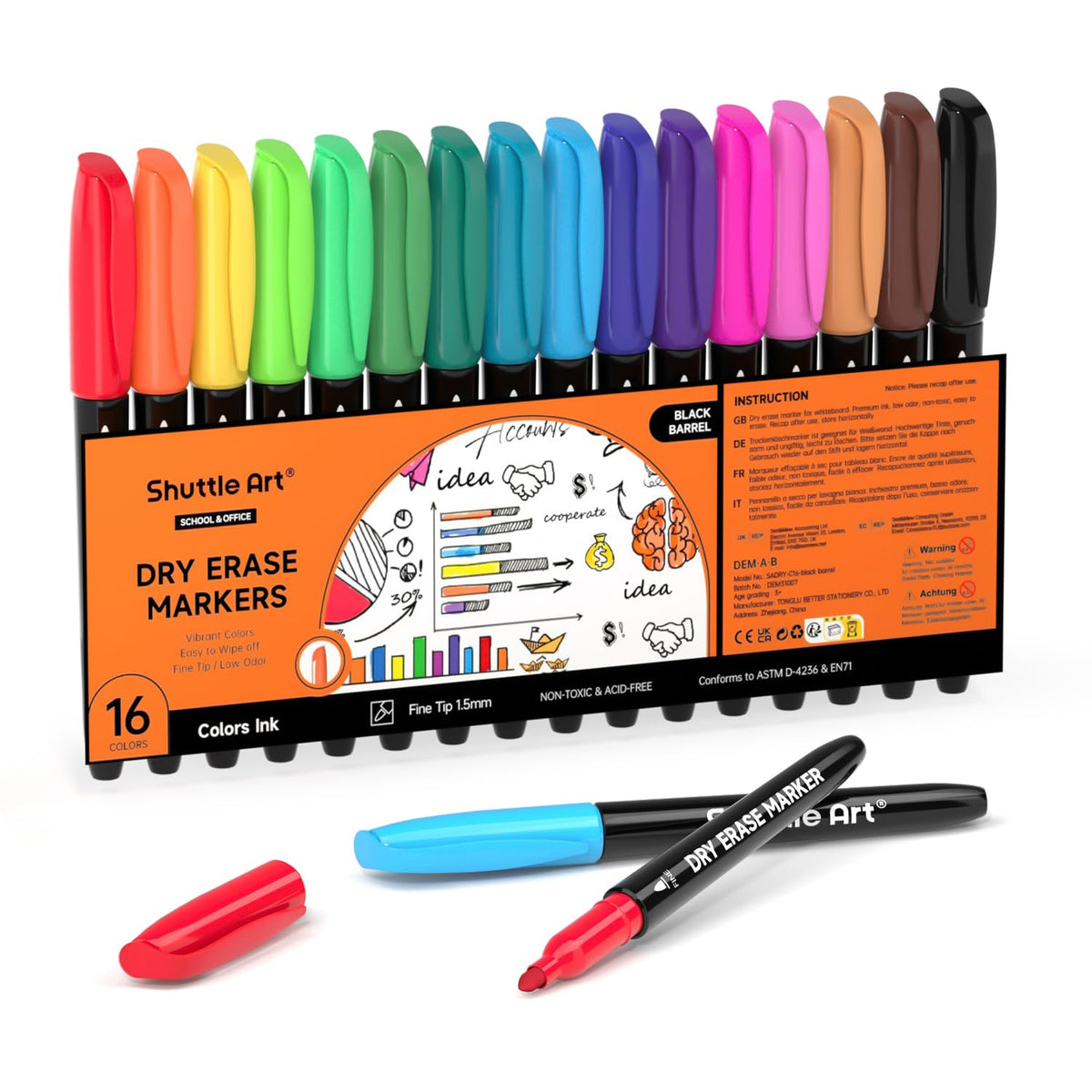 Shuttle Art Dry Erase Markers, 16 Colors Whiteboard Markers,Fine Tip Dry Erase Markers For Kids,Perfect For Writing On Whiteboar