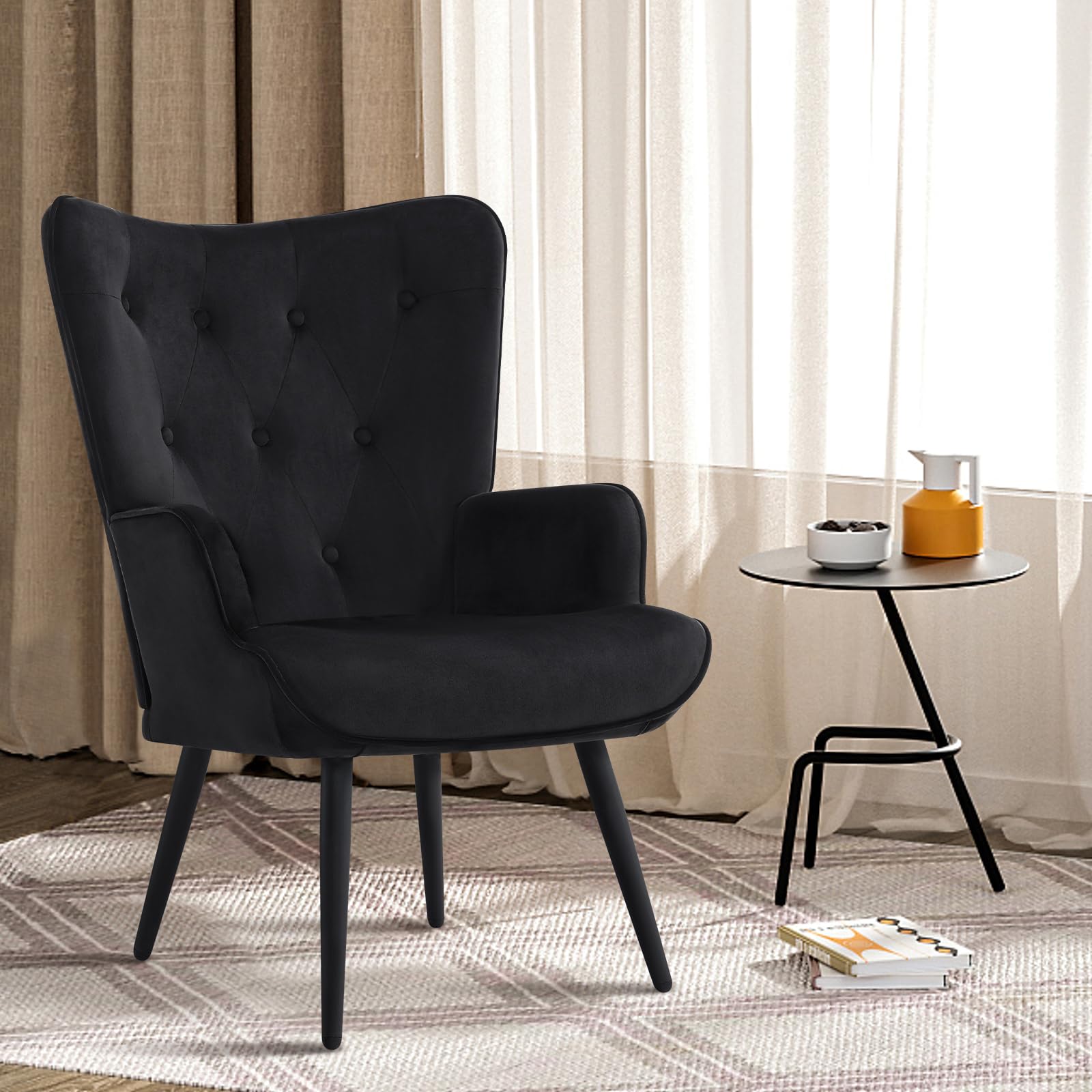Furnimart Black Velvet Accent Chair Mid Century Modern Living Room Chairs; Comfy Armchair Leisure Vanity Guest Wingback Chair fo