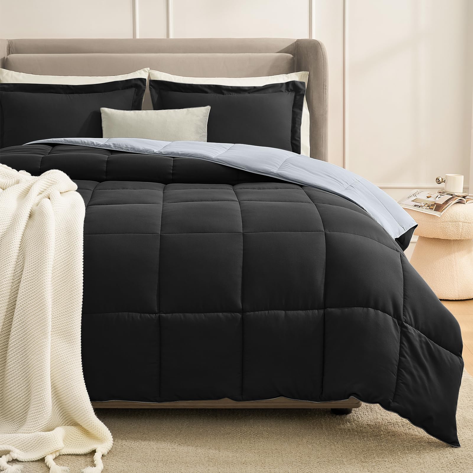 Homelike Moment Oversized Queen Comforter Set Black, Lightweight Reversible Down Alternative Bed Comforter Sets, Soft All Season