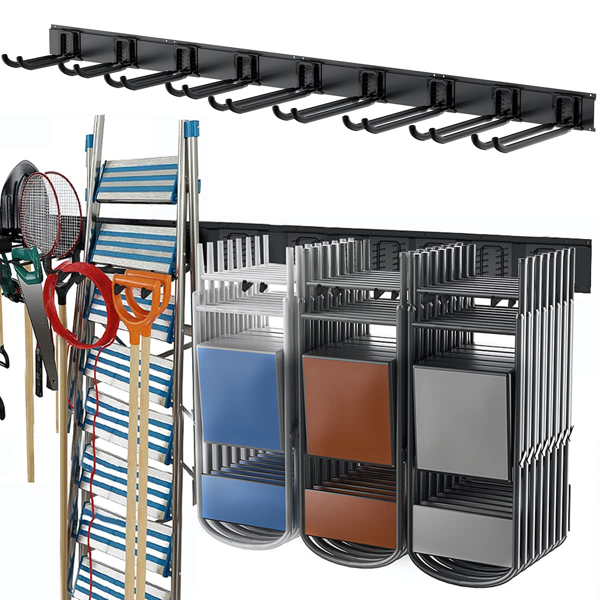 Torack Tool Storage Rack, Heavy Duty Steel Garage Wall Mount Garden Tool Organizer For Ladders, Chairs, Shovels, Broom, Power To