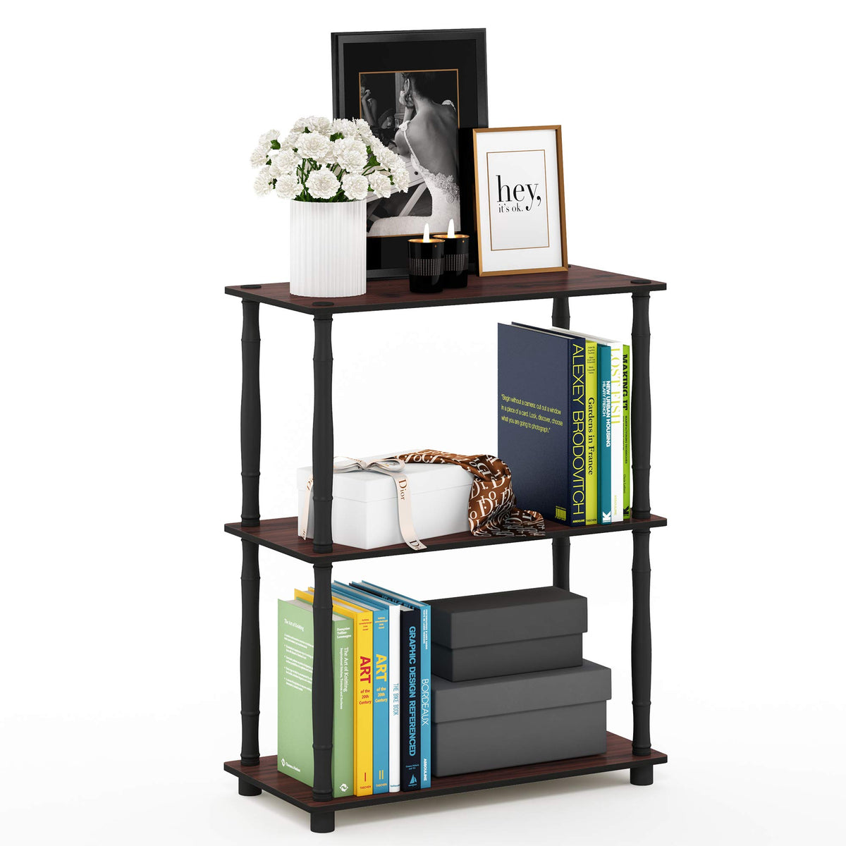 Furinno Turnntube 3Tier Compact Multipurpose Shelf Display Rack With Classic Tube, Dark Cherry/Black