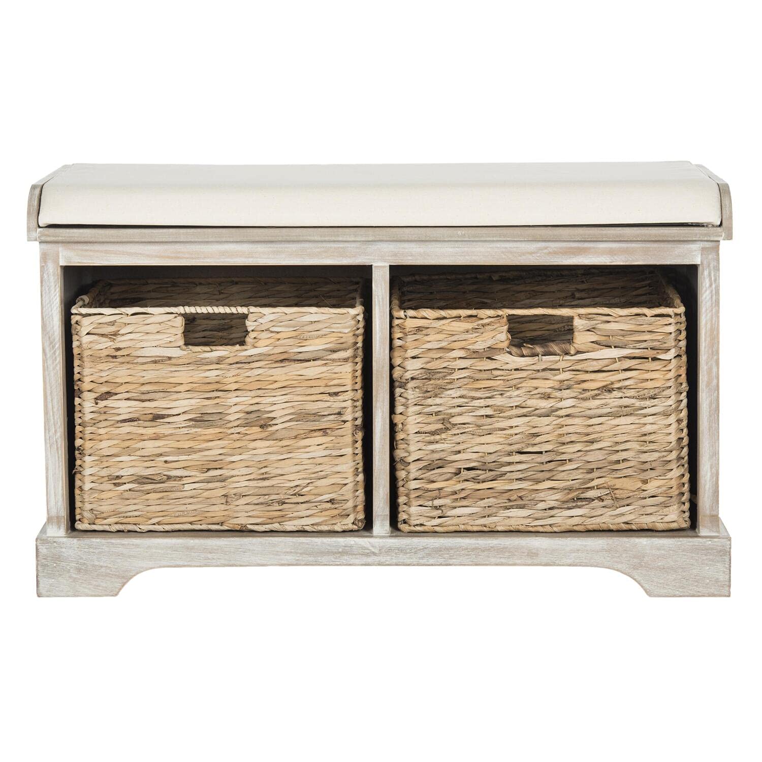 SAFAVIEH Home Collection Freddy White Wash/ Wicker Basket 2-Drawer Storage Bench with Cushion (Fully Assembled)