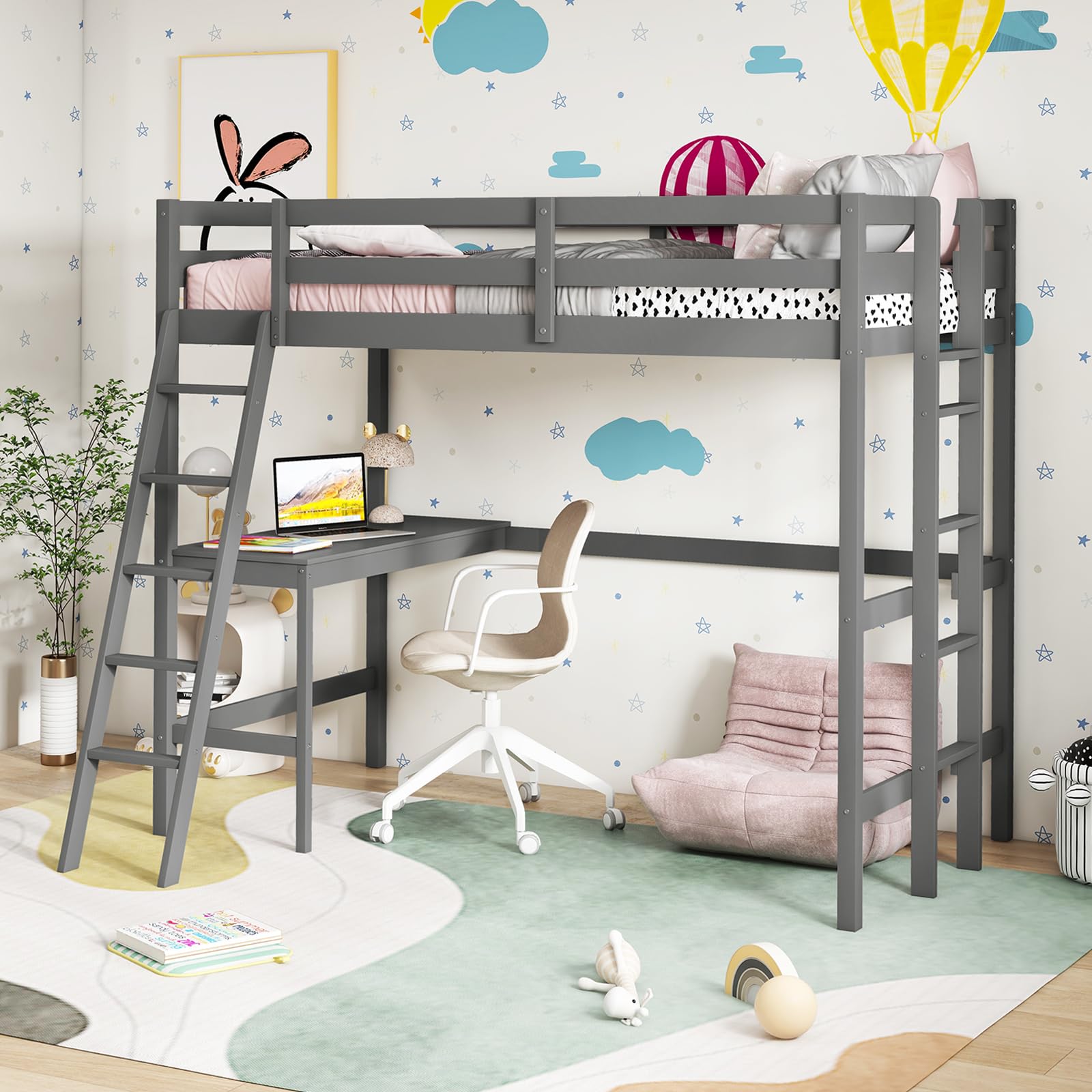 KOMFOTT Twin Loft Bed with Desk, Solid Wood Loft Bed Frame with 2 Ladders, Safety Guardrail for Teenagers and Adults, Space-Savi