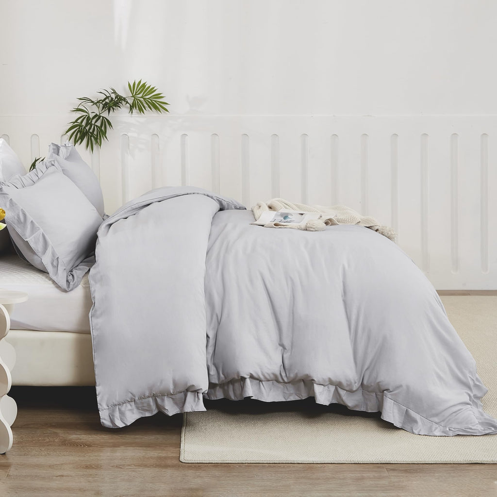 Litanika Light Grey King Size Comforter Set, 3 Pieces Ruffle Farmhouse Aesthetic Bedding Comforter Set, All Season Soft Lightwei