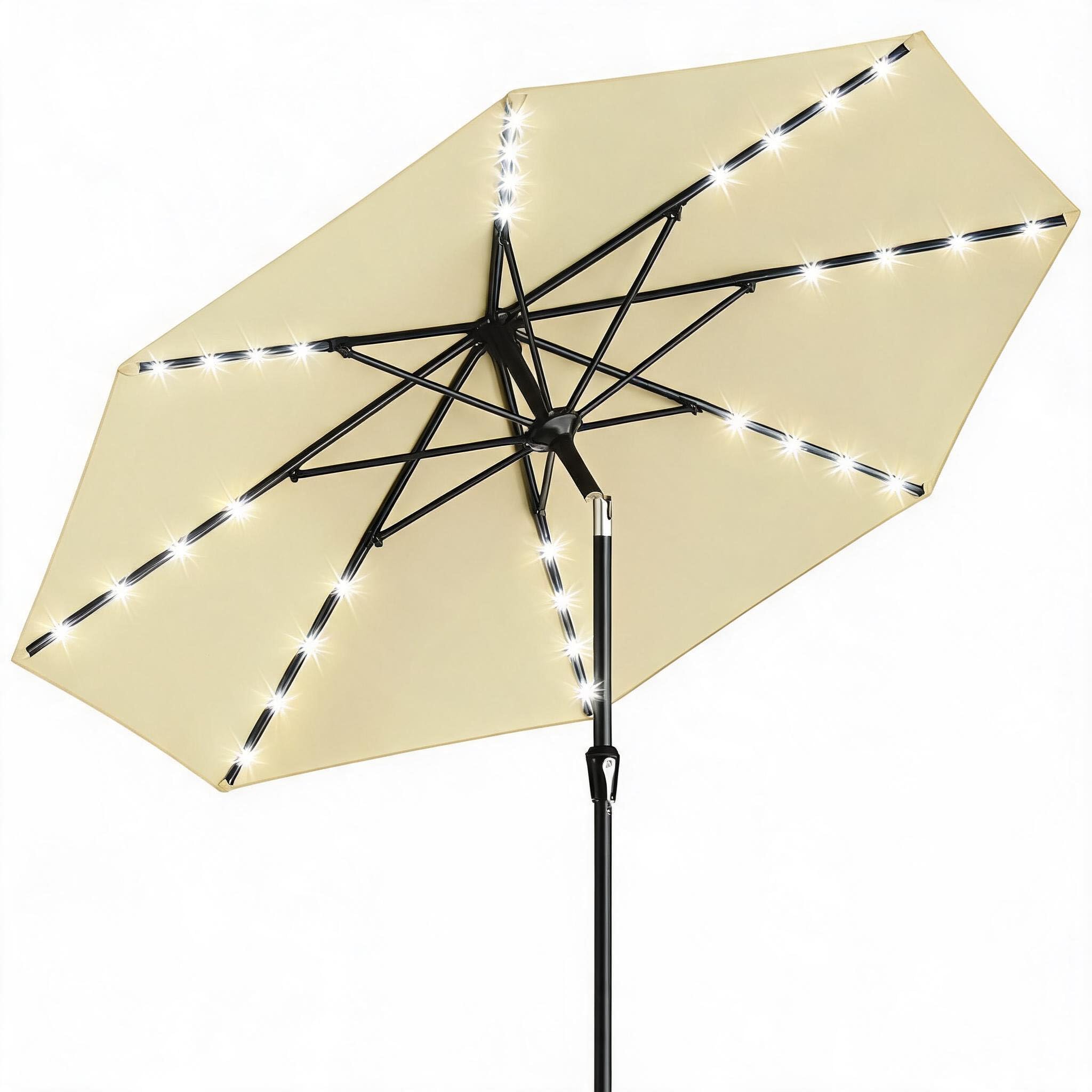 GarveeLife Patio Umbrella with Lights, 8 Ribs Outdoor Market Table Umbrella for Pool, Deck, Backyard (Beige, 9 ft)