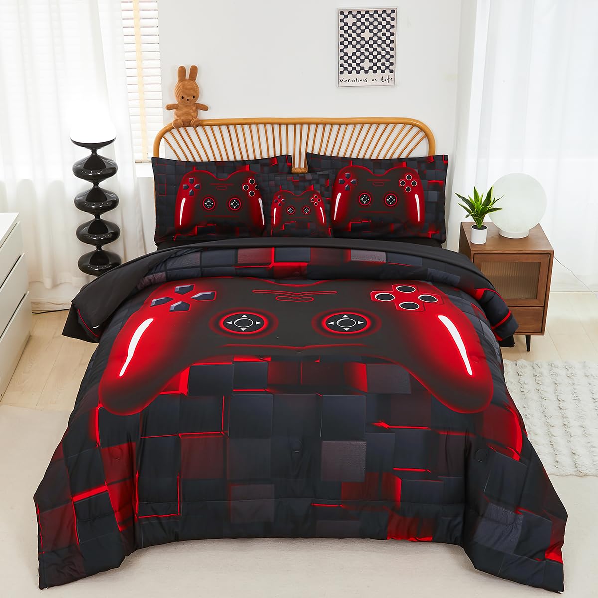 Perfemet 6-Piece Boys Comforter Set Queen Size Game Console Bedding Set For Kids Teen 3D Black And Red Gamepad Gaming Bed In A B