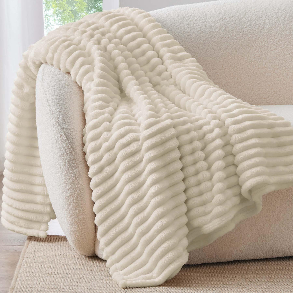 Bedelite Fleece Throw Blanket For Couch, 300Gsm Soft & Warm Fluffy Twin Blanket, Decorative And Giftable Striped Beige Blankets