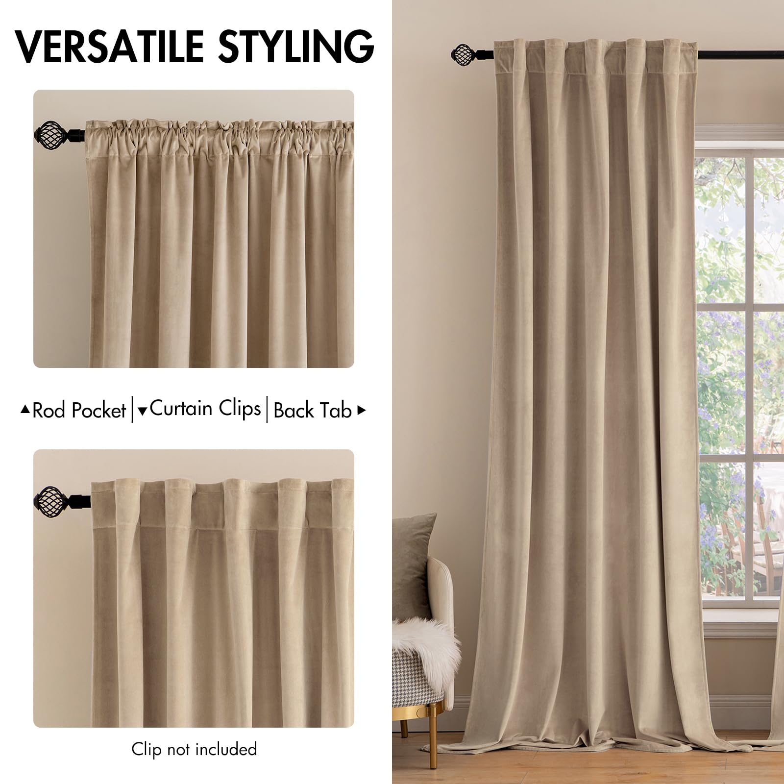 Miulee Velvet Curtains 90 Inches 2 Panels - Luxury Blackout Curtains For Bedroom Living Room Thermal Insulated Super Soft Window Drapes Rod Pocket & Back Tab, Camel Beige, W52 X L90 Inch