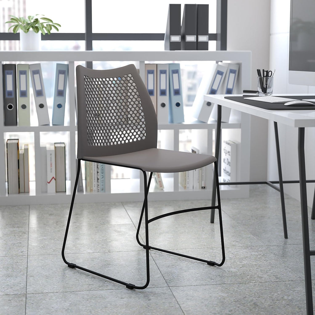 Flash Furniture Hercules Series 661 Lb. Capacity Gray Stack Chair With Air-Vent Back And Black Powder Coated Sled Base