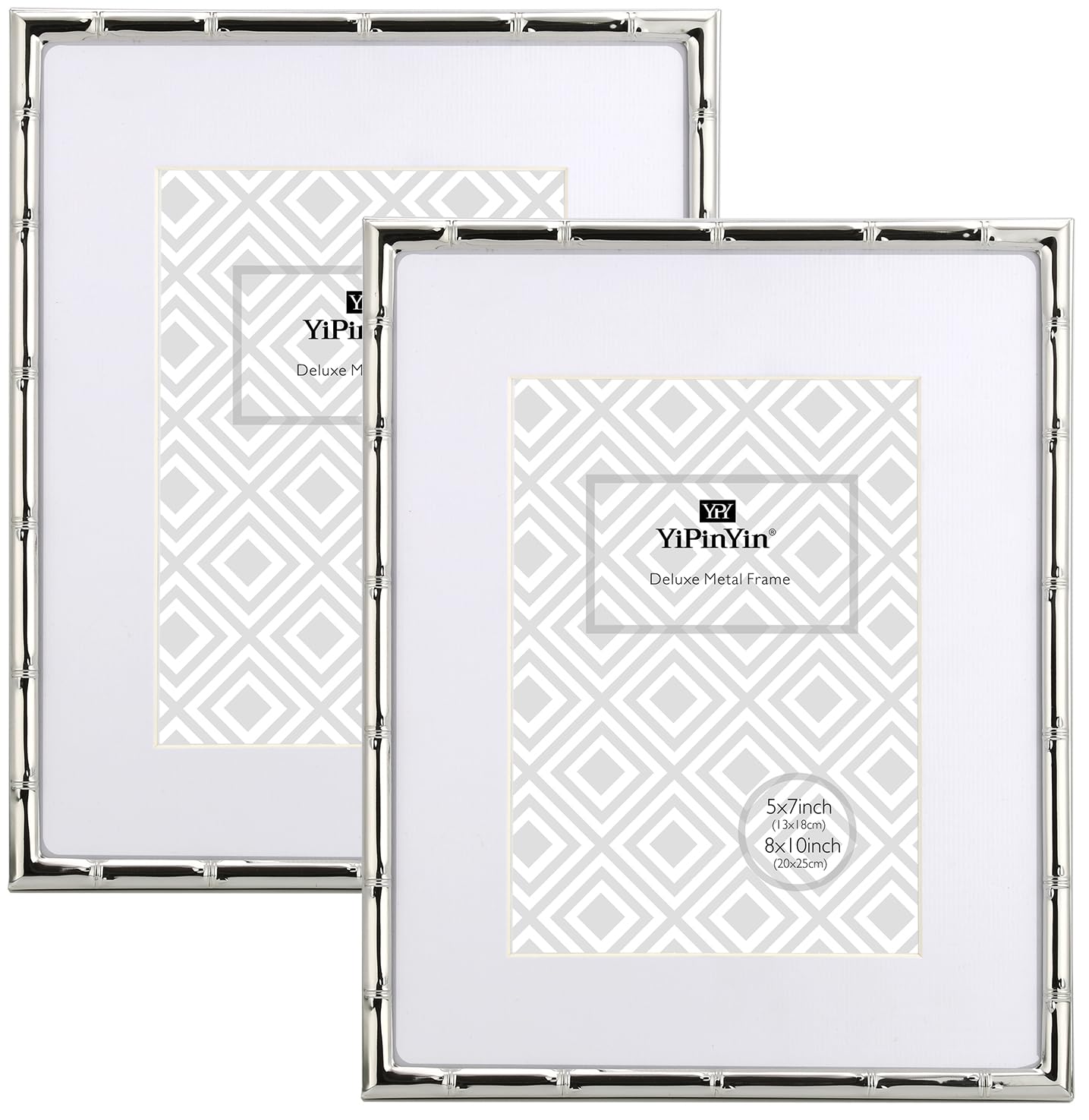 8x10 Bamboo Detail Designs Silver Metal Picture Frame with Mat for 5x7 Set of 2, Narrow Silver Plated Photo Frames 5 x7 Wi