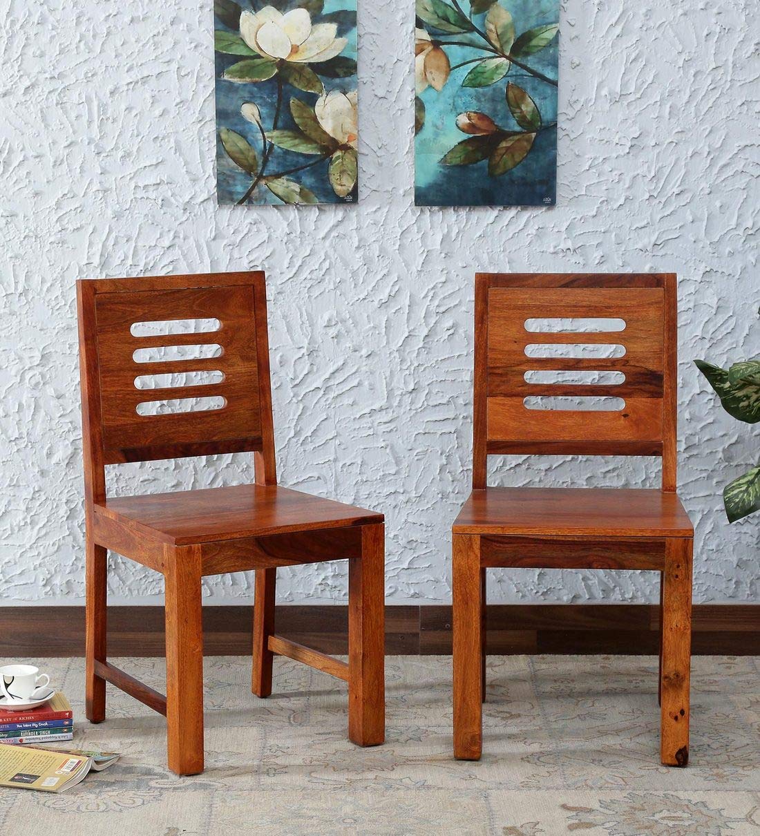 Yuvikawood Sheesham Wood Cushioned Dining Chairs Set Of 2 || Wooden Multipurpose Seating Chair For Dining Room Home (Teakfinish
