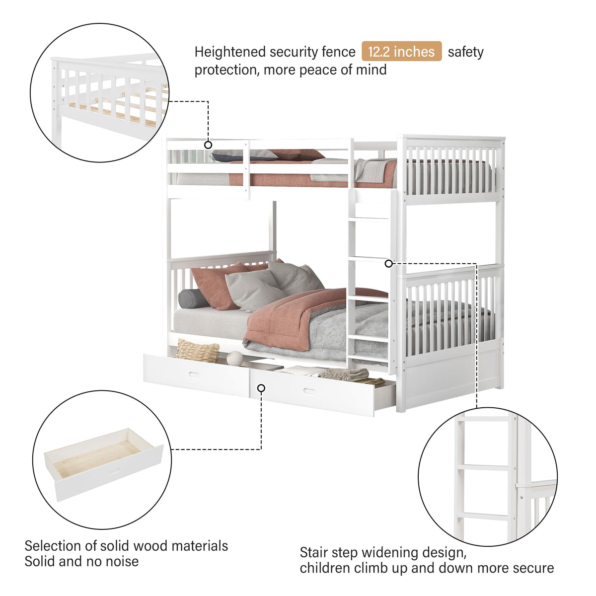 Merax Wood Bunk Bed With Drawers,Convertible Wood Bunk Bed With Ladders And Two Storage Drawers,Solid Wood Detachable Bunk Bed Frame With Ladders,Twin Over Twin Size,White