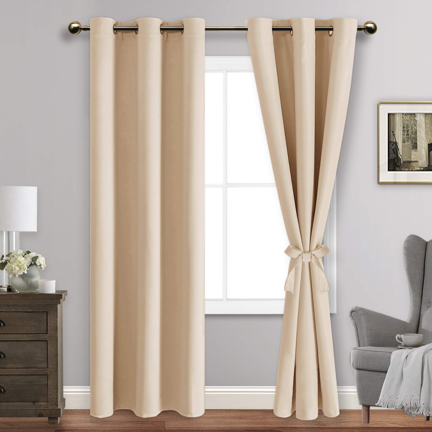 Jiuzhen Beige Blackout Curtains With Tiebacks - Thermal Insulated, Light Blocking And Noise Reducing Grommet Curtain Drapes For Bedroom And Living Room, Set Of 2 Panels, 42 X 84 Inches Long