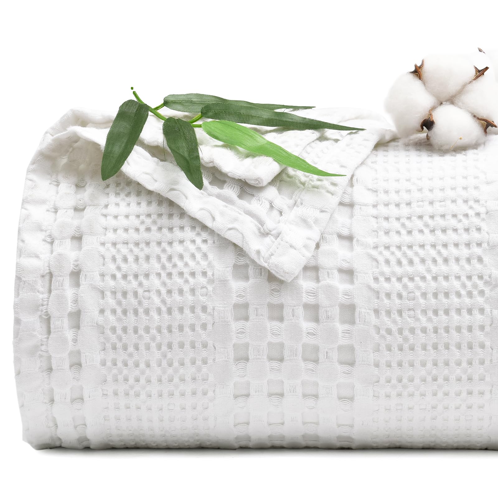 Phf Cooling Waffle Blanket Queen Size, Lightweight 60% Rayon Derived From Bamboo & 40% Cotton Breathable Blanket For Hot Sleepers, Soft And Luxury For Bed Couch And Sofa, 90'X90', White