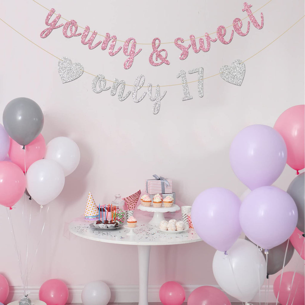 Innoru Young & Sweet Only 17 Banner - Happy 17Th Birthday Party Decor For Girls - Cheers To 17 Years Party Decorations Supplies,