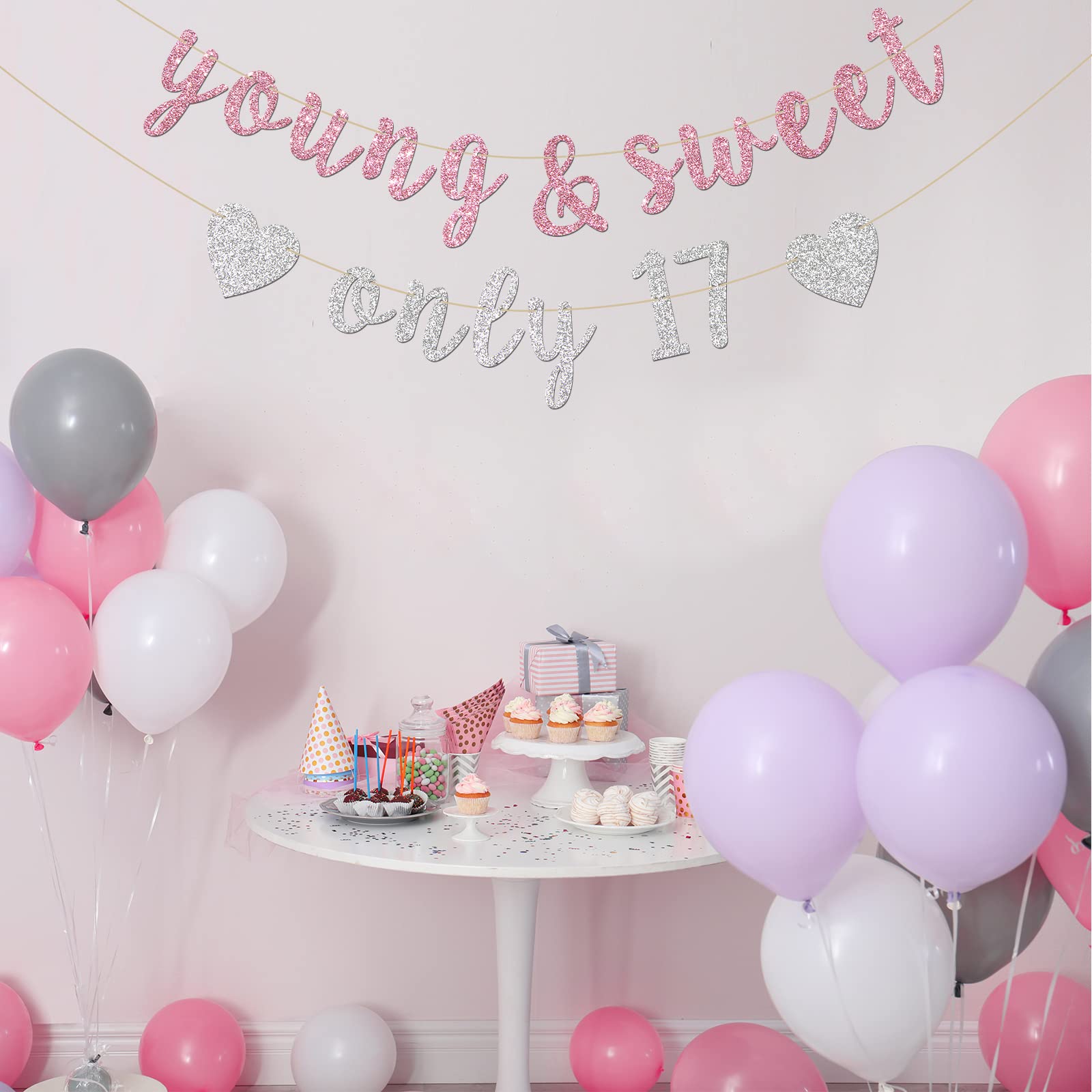 Innoru Young & Sweet Only 17 Banner - Happy 17Th Birthday Party Decor For Girls - Cheers To 17 Years Party Decorations Supplies,