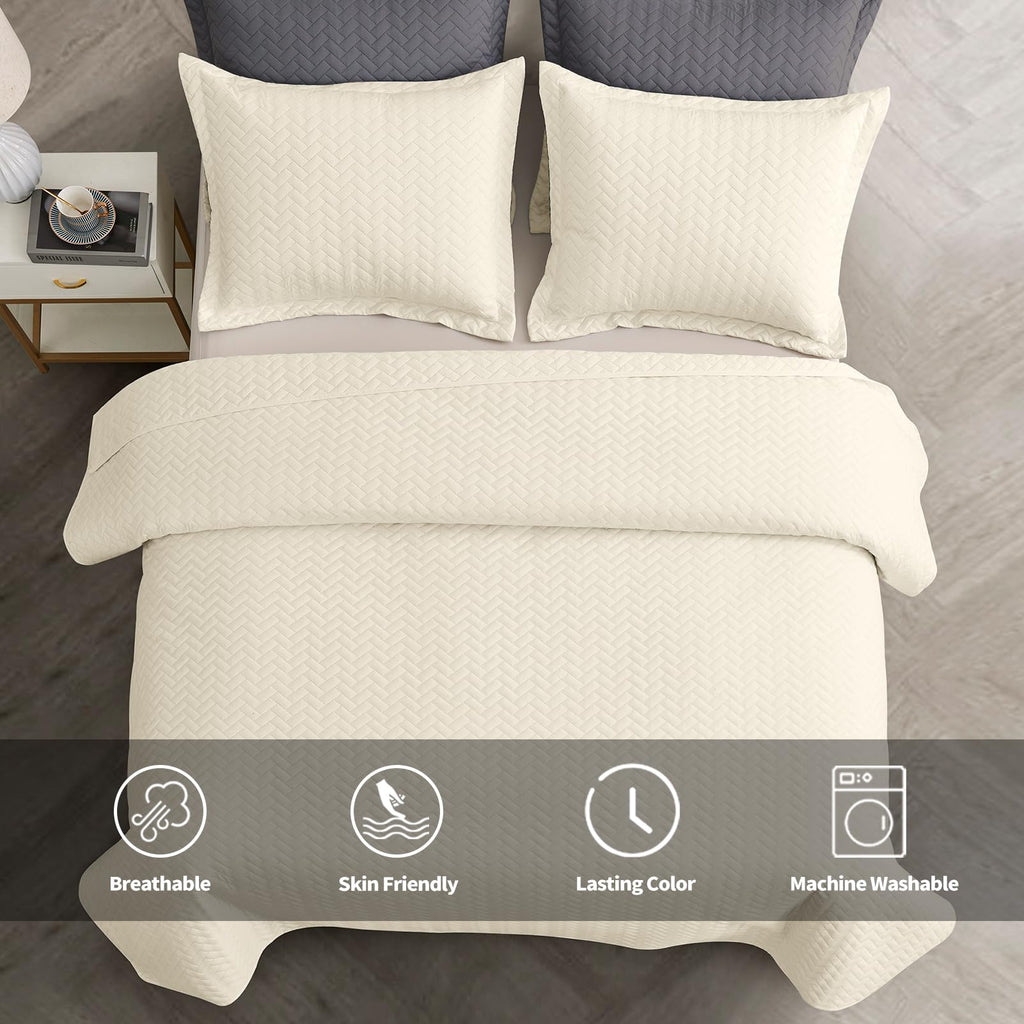 Maple&Stone Quilt Set King Size, Lightweight Off-White Bedspread Ultrasonic Chevron Pattern Light Coverlet For All Season Comfor