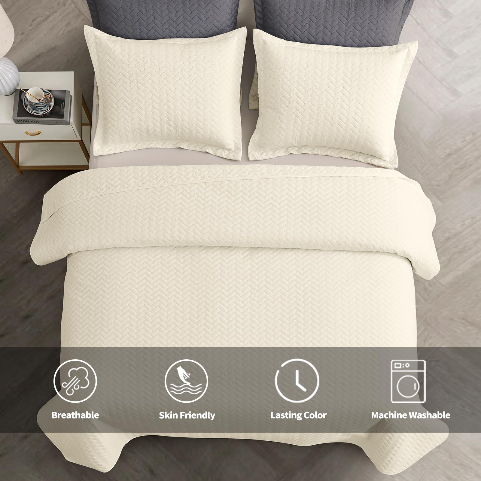 Maple&Stone Quilt Set King Size, Lightweight Off-White Bedspread Ultrasonic Chevron Pattern Light Coverlet For All Season Comfor