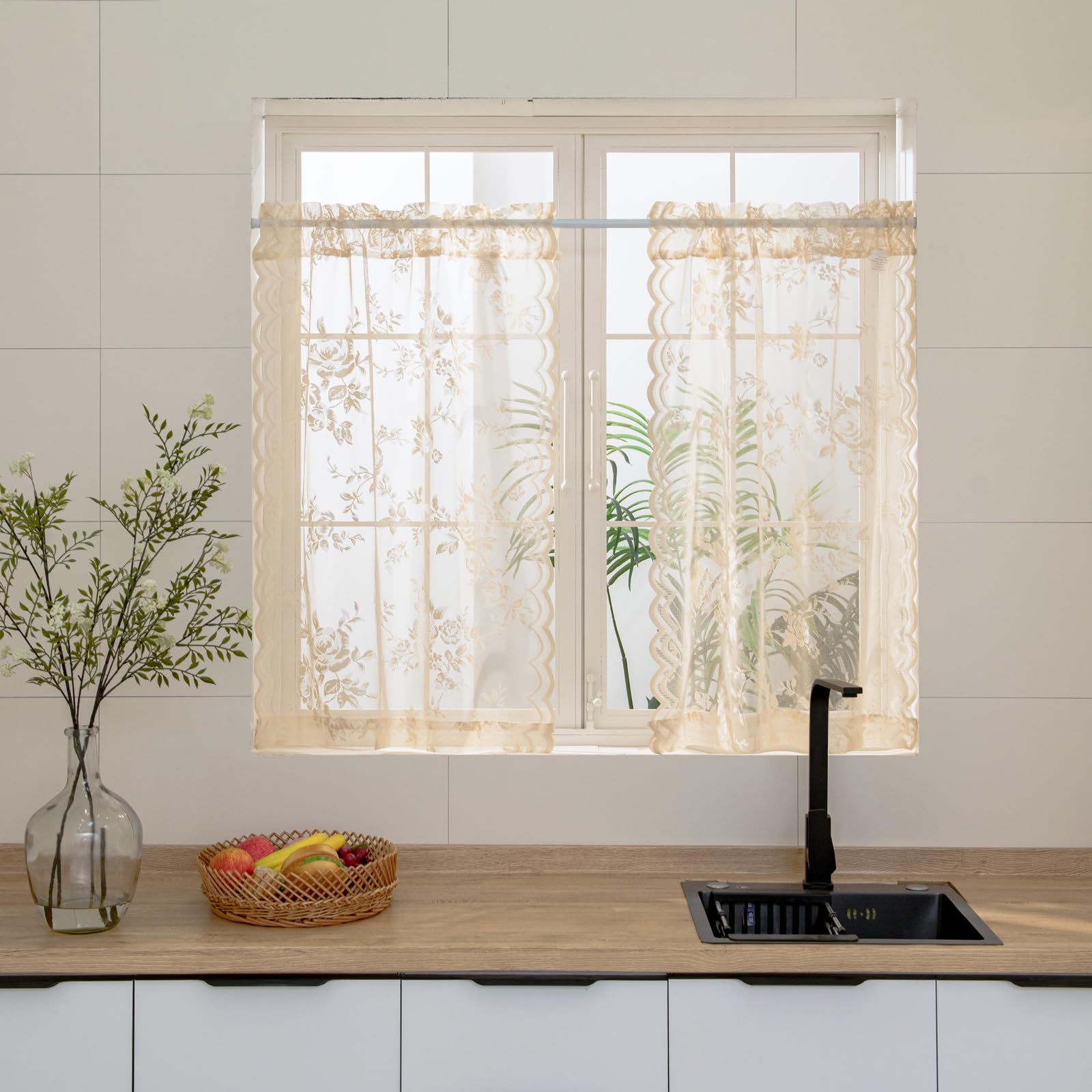 Seekright Beige Kitchen Curtains 30 Inch Length Rod Pocket Light Filtering Sheer Lace Cafe Curtains 2 Panels Set Modern Floral L