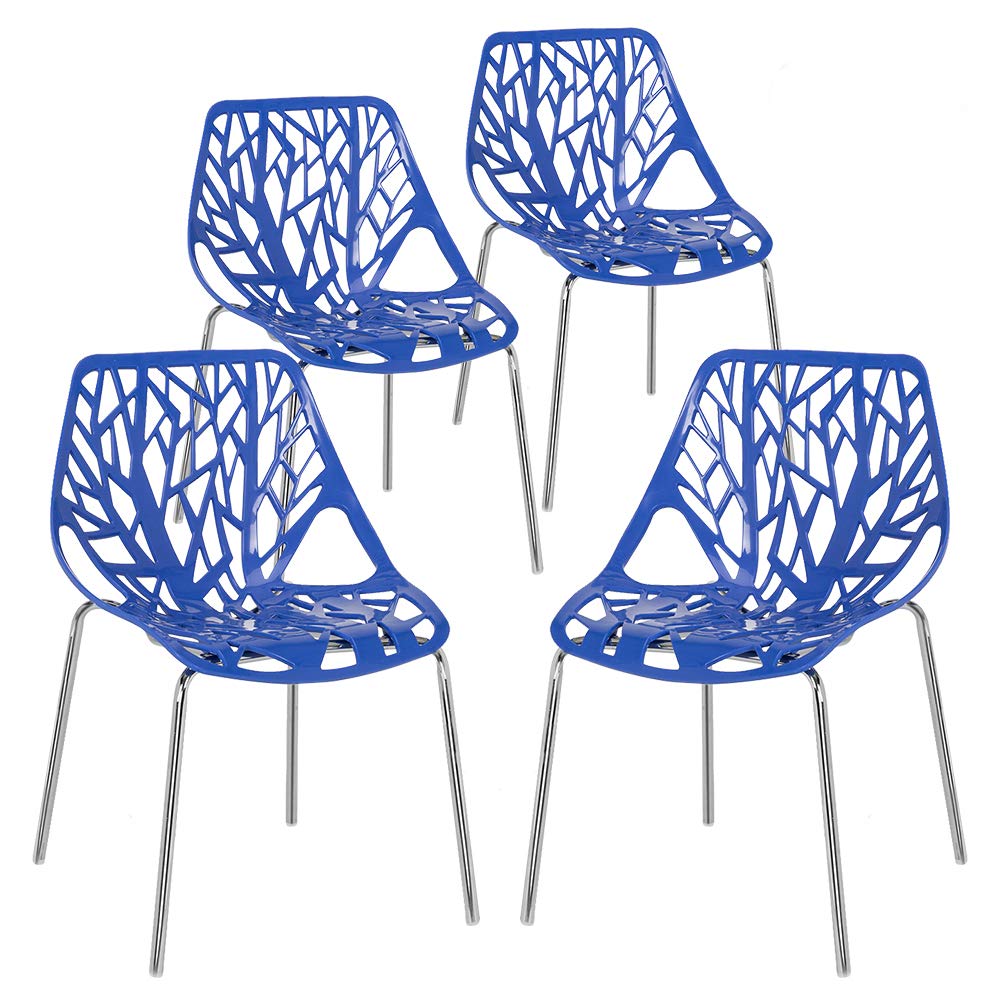 Bonnlo Modern Stackable Chair Set of 4 Kitchen Dining Chair Birch Sapling Comfy Chairs for Indoor Use (Blue)