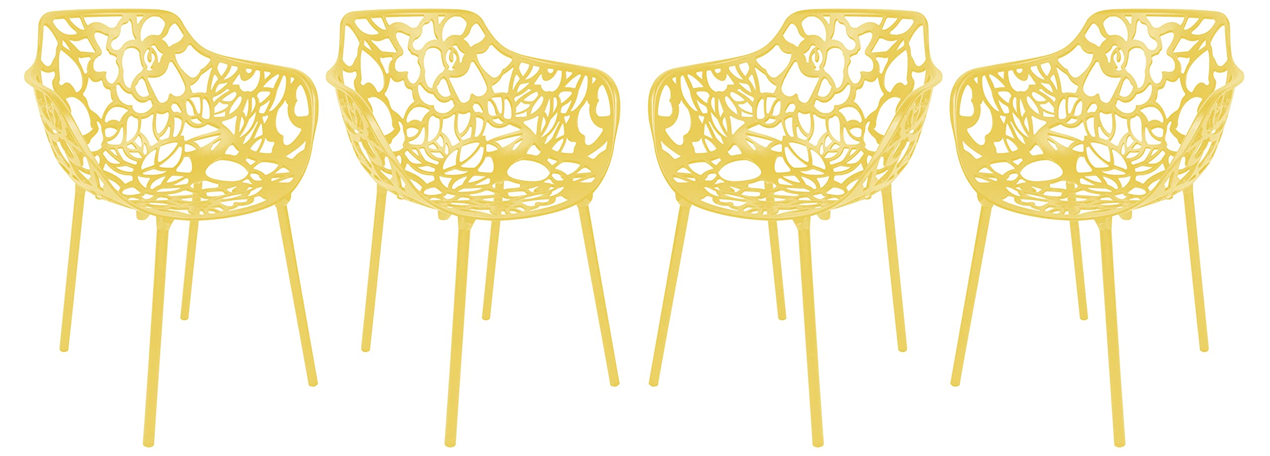 LeisureMod Devon Modern Aluminum Dining Armchair Set of 4, Yellow, Stackable Patio Dining Armchair for Indoor-Outdoor Use