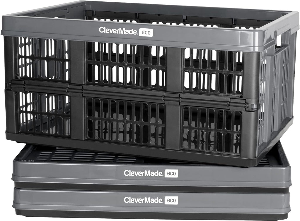 CleverMade Collapsible Utility Crate, Stone, 3PK - 45L (11 Gal) Collapsible Storage Bins, Holds 66lbs Per Bin - Plastic Stackabl