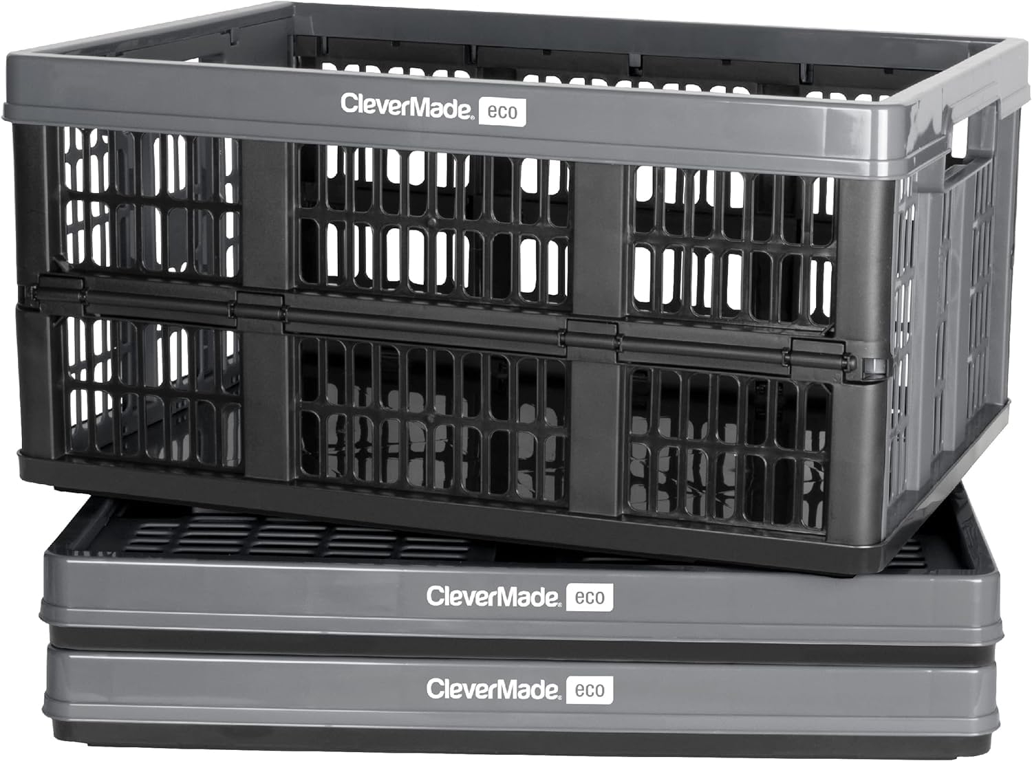 CleverMade Collapsible Utility Crate, Stone, 3PK - 45L (11 Gal) Collapsible Storage Bins, Holds 66lbs Per Bin - Plastic Stackabl